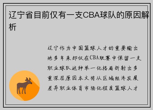 辽宁省目前仅有一支CBA球队的原因解析